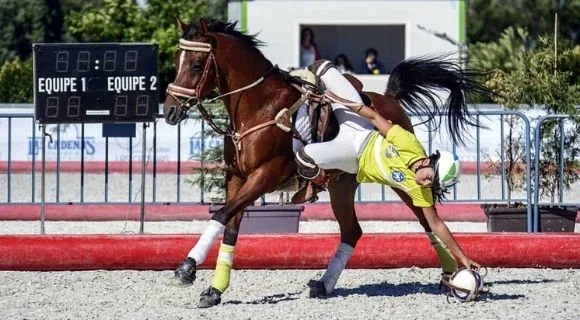 Jugador de horseball recogiendo el balón del suelo desde el caballo